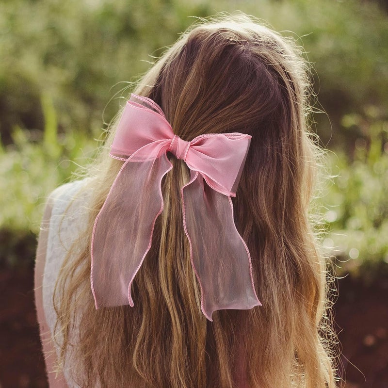 STSTR 2pcs Large Hair Bow Clips, Pink Red Silk Yarn Ribbon Bow Hair Barrette for Women, Elegant Long Tail Bowknot French Hair Accessories for Wedding, Parties, Festivals - Image 5